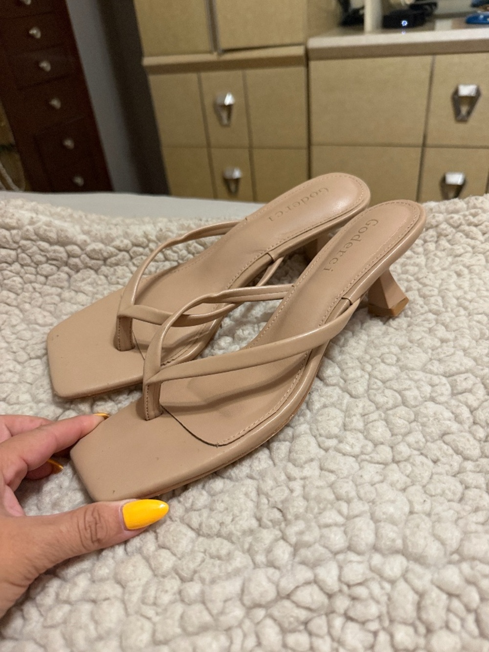 Tan sandal with kitten heel